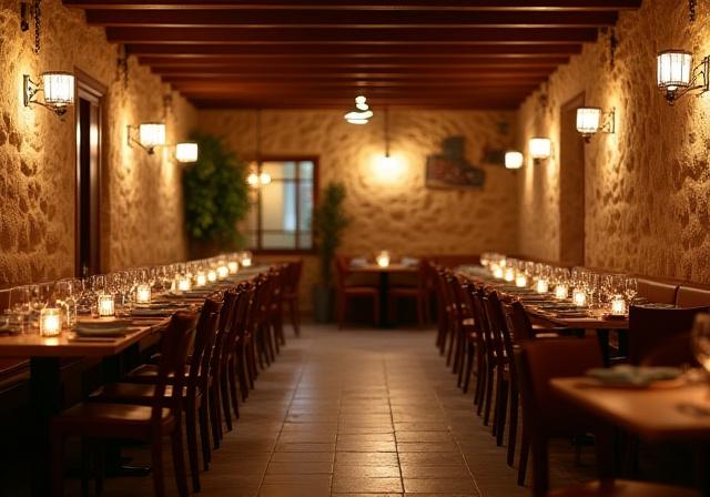 Interno accogliente del ristorante con pareti in pietra