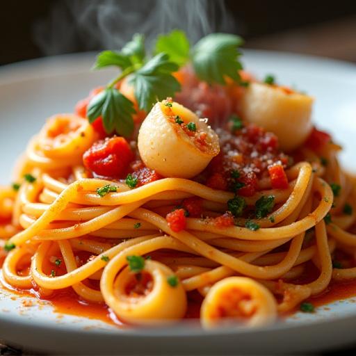 Piatto di pasta fresca con frutti di mare